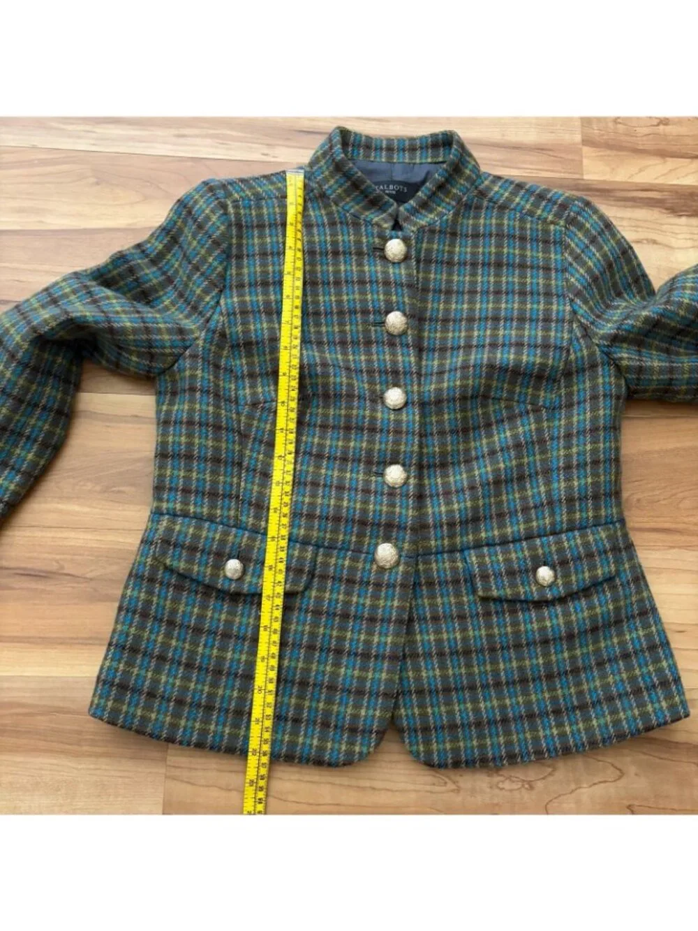 Talbots Shetland Officer Jacket 6P Green Plaid Wool Blend Gold Buttons
